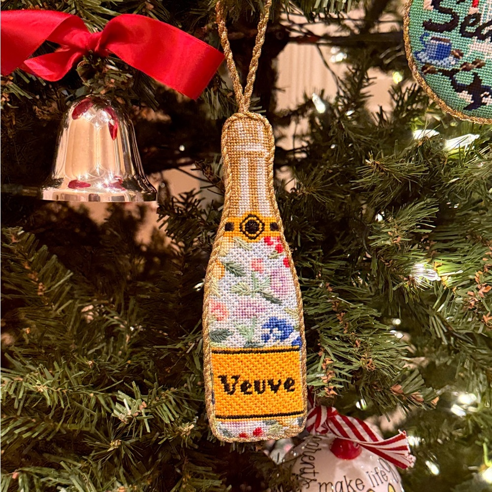 Hand-Stitched Needlepoint Ornament - Floral Veuve Bottle